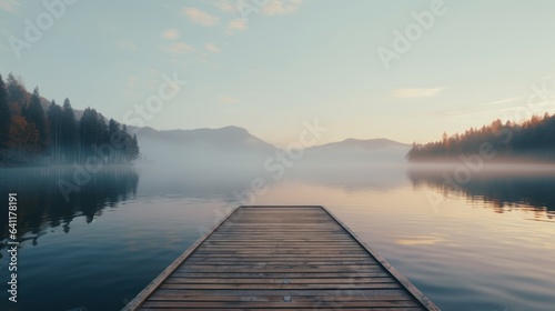 Woodenpier or jetty on lake at a foggy sunrise. Relax, vacations, or work life balance theme