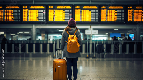 A young woman at an international airport looks at the flight information board, holds a yellow suitcase in her hand and checks her flight