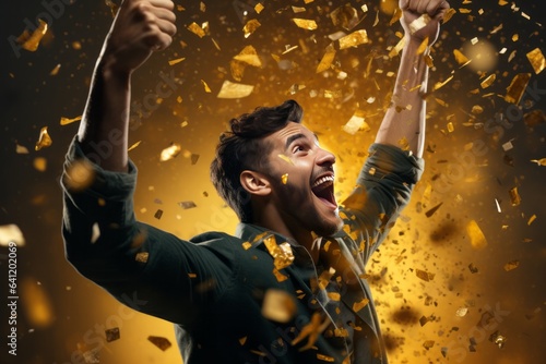 Young man celebrating a victory or winning the lottery shouts with joy, sleeping confetti all around.generative ai 