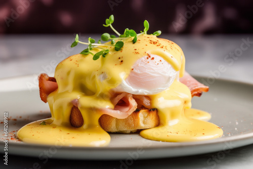 Poached egg on a sandwich with hollandaise sauce on a white plate, closeup view.generative ai 