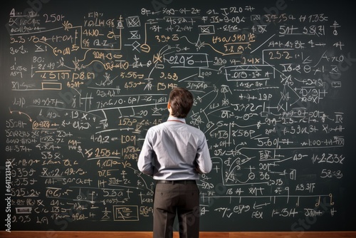 businessman looking at formulas on a blackboard