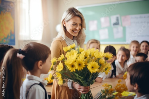 Female teacher received beautiful bouquet in her classroom