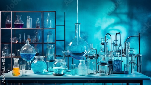 A blue background with a chemistry lab on a table with lots of different colors of stuff inside. Some glassware and some bio stuff too.