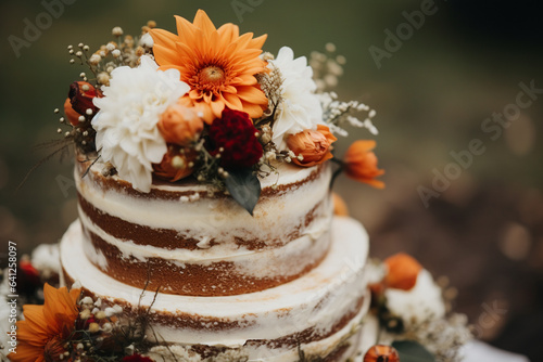 Autumn wedding: wedding naked cake with orange Barberton daisy flowers