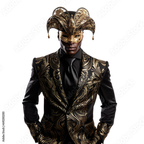Halloween costumes - Front view mid shot of African man dressed as masquerade man isolated on white transparent background