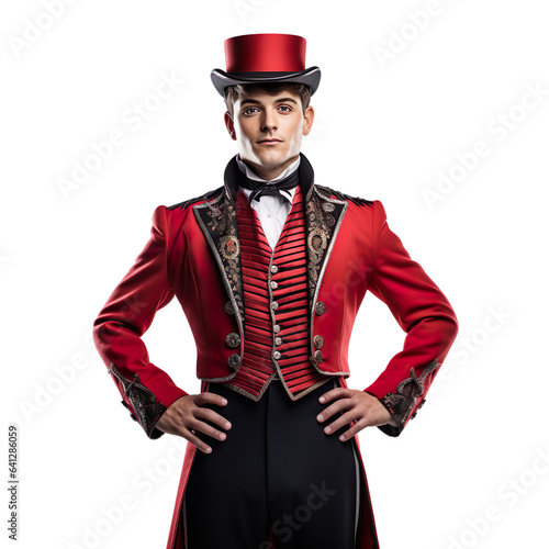 Halloween costumes - Front view mid shot of white man dressed as circus ringmaster isolated on white transparent background