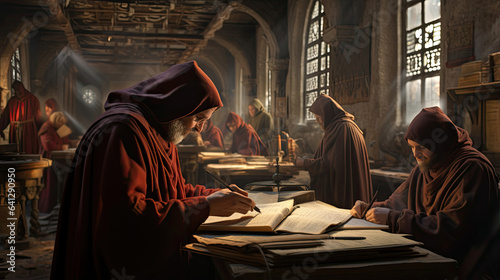 Medieval monks transcribing manuscripts in a monastery