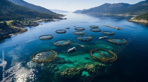 Aerial view of a large-scale fish farm in the ocean. Generative AI.