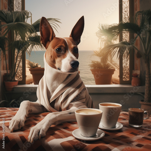 Basenji breed dog sitting at the table.Breakfast with cap of coffee 