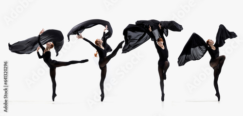 Collage. Talented and artistic young woman, professional ballet dancer dancing with black fabric on white background. Concept of classical dance, choreography, art, inspiration. Banner, flyer, ad