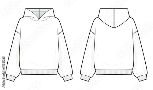 Classic Hoodie technical fashion illustration. hoodie vector template illustration. front and back view. oversized. drop shoulder. unisex. white color. CAD mockup.