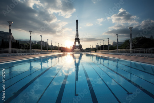Swimming pool in front of the eiffel tower in paris