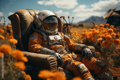 an astronaut in a spacesuit is sitting in a chair in a field with flowers