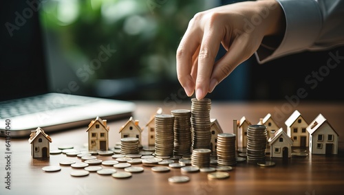 Hands of real estate agent putting coins on top of stack of coins with wooden house model.