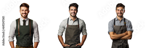 Happy employee in a white apron with crossed arms working as a barman waiter or gardener