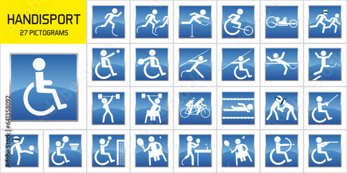 Concept du handicap et de la performance sportive avec des pictogrammes représentant les principales disciplines de handisport.