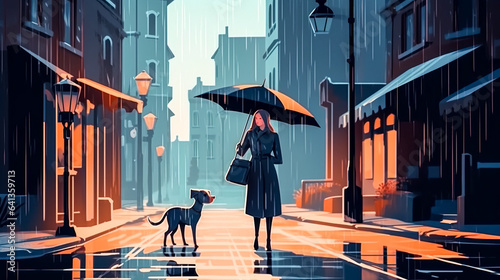 Woman with umbrella and dog outside, generative AI.