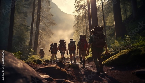 Silhouette of group of scouts hiking in mountains