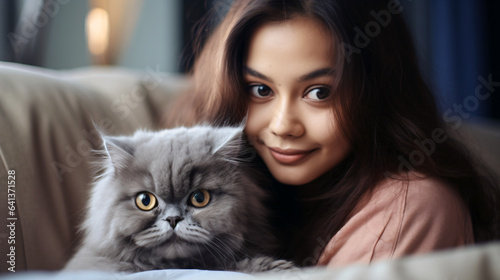 Happy young asian woman hugging cute grey persian cat on couch in living room at home, Adorable domestic pet concept.