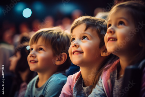 Side view of a children audience enjoying a kids concert or movie with happy smiling faces