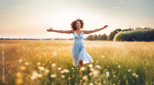 immagine con giovane donna che corre in un prato estivo fiorito, luce tramonto