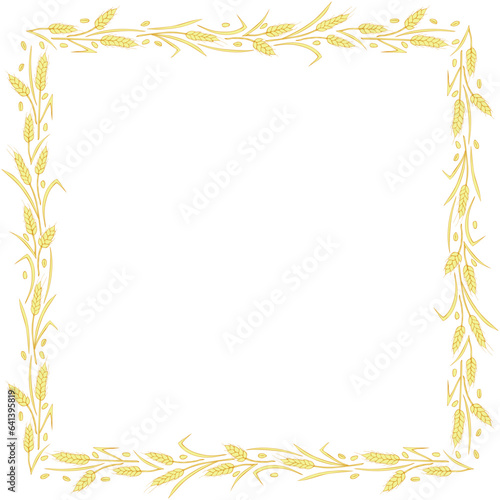 Square frame made of golden wheat or rye ears. Vector autumn border, backdrop hand drawn in Doodle flat style, isolated on white background