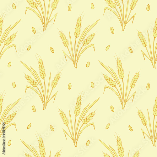 Wheat spikelets and grains, vector seamless pattern in doodle flat style, isolated. Design of print, wrapping paper, packaging on theme of bakery products, flour, harvest, thanksgiving.