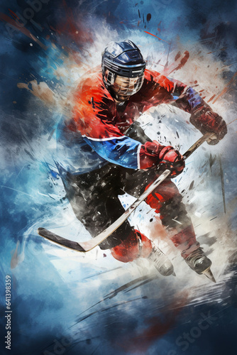 illustration of dynamic motion of ice hockey player with stick, creative poster concept, generative AI