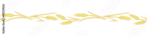 Vector edging, ribbon, border from outline golden wheat spikelets ears in doodle flat style. Autumn ornament, seamless pattern on theme of bakery products, flour, harvest, Thanksgiving