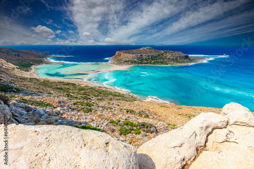 Pocztówka z podróży, krajobraz morski na Balos, urlop i zwiedzanie greckiej wyspy Kreta, Grecja
