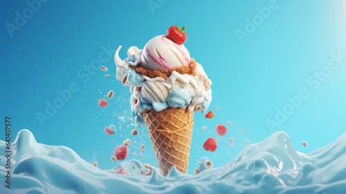 Tasty ice cream with fruits on blue background