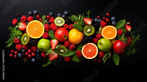 Image of fresh fruits in a studio. Dark background, Top view