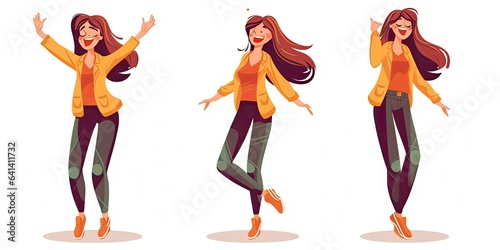 Happy young stylish long haired girl dancing isolated on white background. Flat cartoon style. 