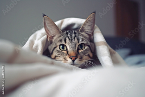 Scared cat hiding under blanket. 
