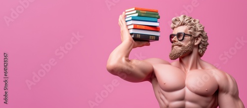 Banner with a sculpture of Hercules holding a stack of books on a pink background.
