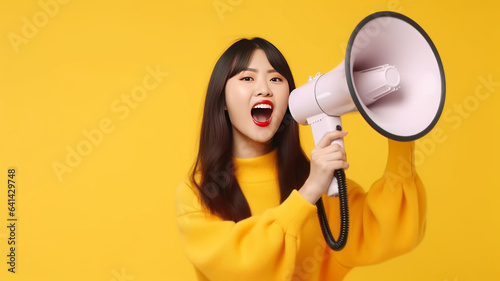 Cheerful of cute Asian woman holding megaphone making announcement.