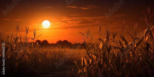 harvest moon rising over a field of corn stalks