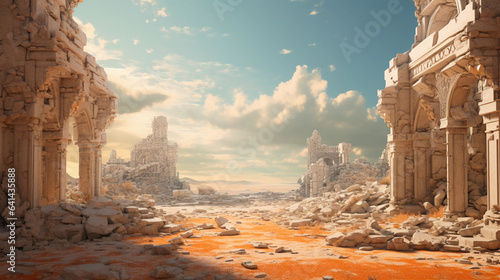 A virtual desert landscape in XR, with a colossal, shimmering mirage of ancient ruins rising from the sands. The ruins are a fusion of past and future, and the sky is a canvas of digital art