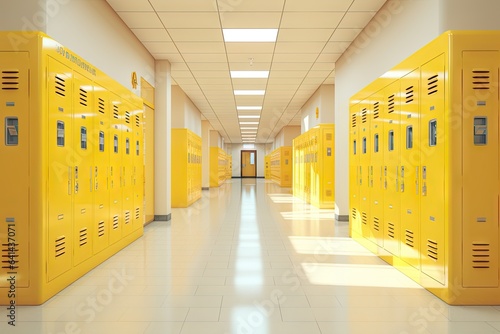 school hallway with yellow lockers and empty walls Generative AI