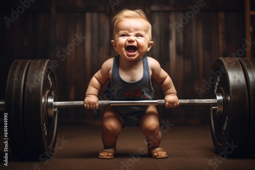 Little smiling strong Boy lifts a barbell. Generative AI