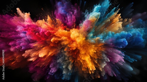Colorful explosion of smoke and rainbow splashes of Holi powder isolated on black background splash of colors abstract art pattern. 3d illustration