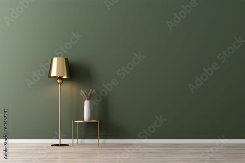 Minimalistic design scandinavian interior with khaki wall. A golden lamp and table. Generative AI