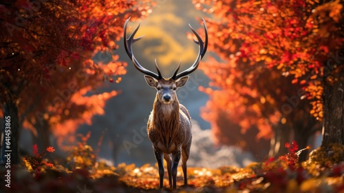 beautiful portrait of a reindeer amidst an idyllic autumn scene, its confident stride accentuated by fallen autumn leaves