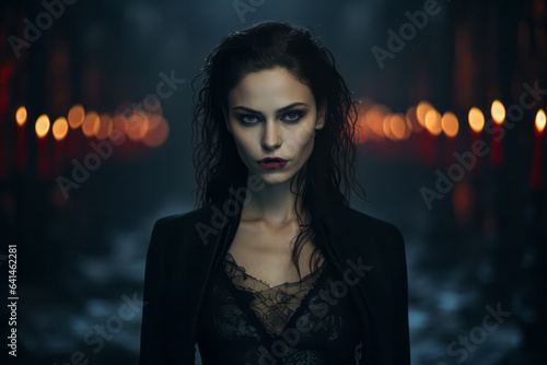 Portrait of beautiful gothic vampire woman. Female in mysterious dark Halloween costume.