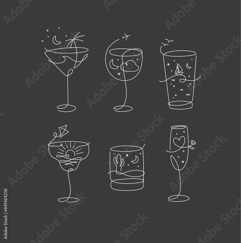 Cocktail glasses vacation holiday theme in line style drawing on black background