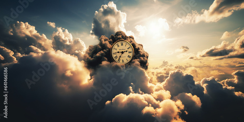 A clock coming out of the clouds in the sky. Generative AI.