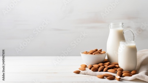 Alternative almond milk background with almond nuts and place for text. Plant based eco organic healthy product concept