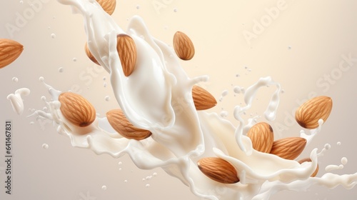 Pouring almond alternative milk liquid splashes with almond nuts background. Plant based eco organic healthy beverage concept