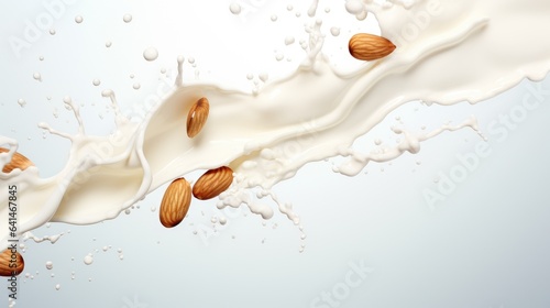 Pouring almond alternative milk liquid splashes with almond nuts background. Plant based eco organic healthy beverage concept