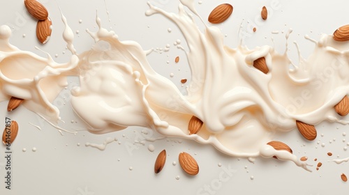 Pouring almond alternative milk liquid splashes with almond nuts background. Plant based eco organic healthy beverage concept